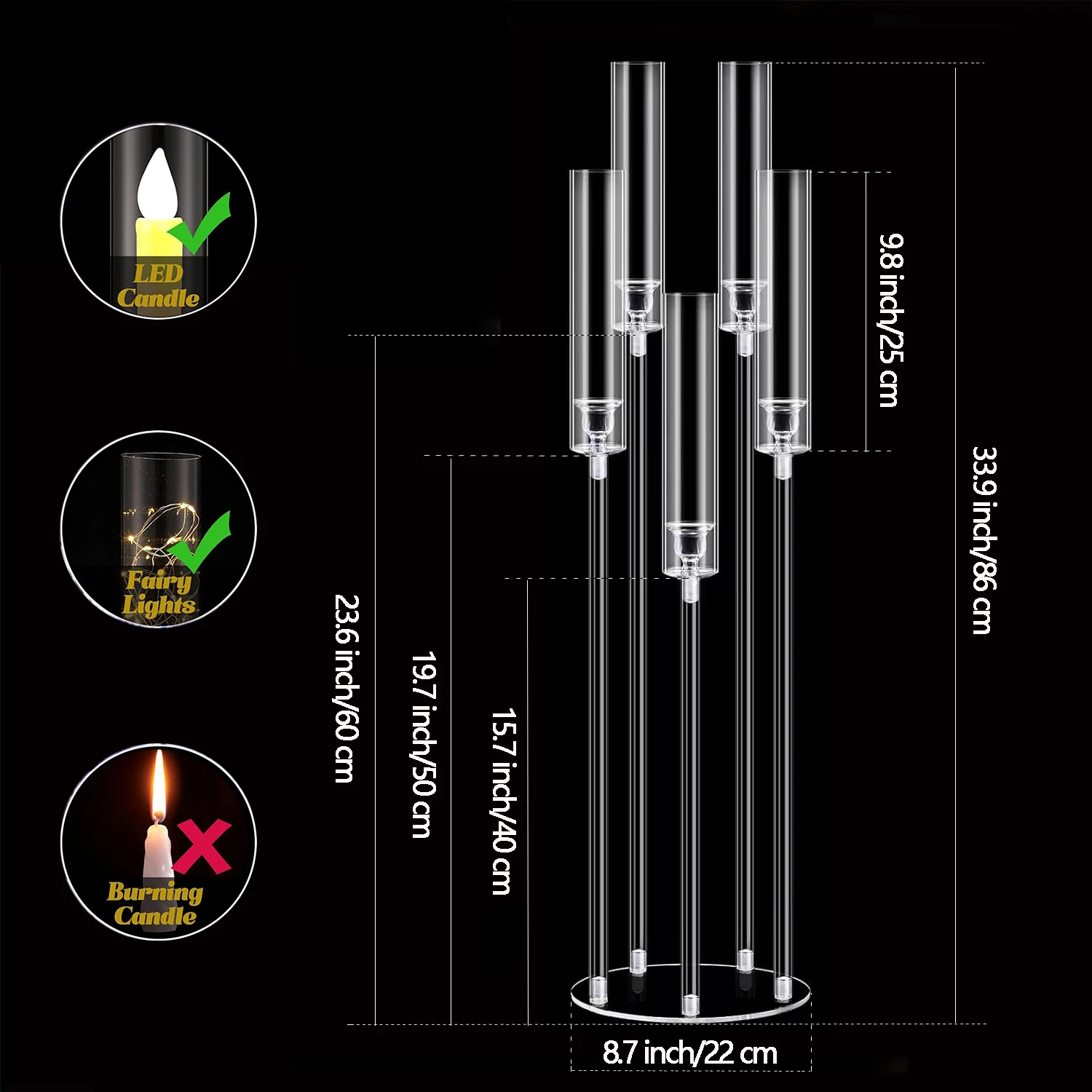 12PCS Acrylic 5 Arm Candelabra with 60pcs LED Candle for Wedding Clear Floor Candelabra Candlestick Holder for Table Centerpiece view 5