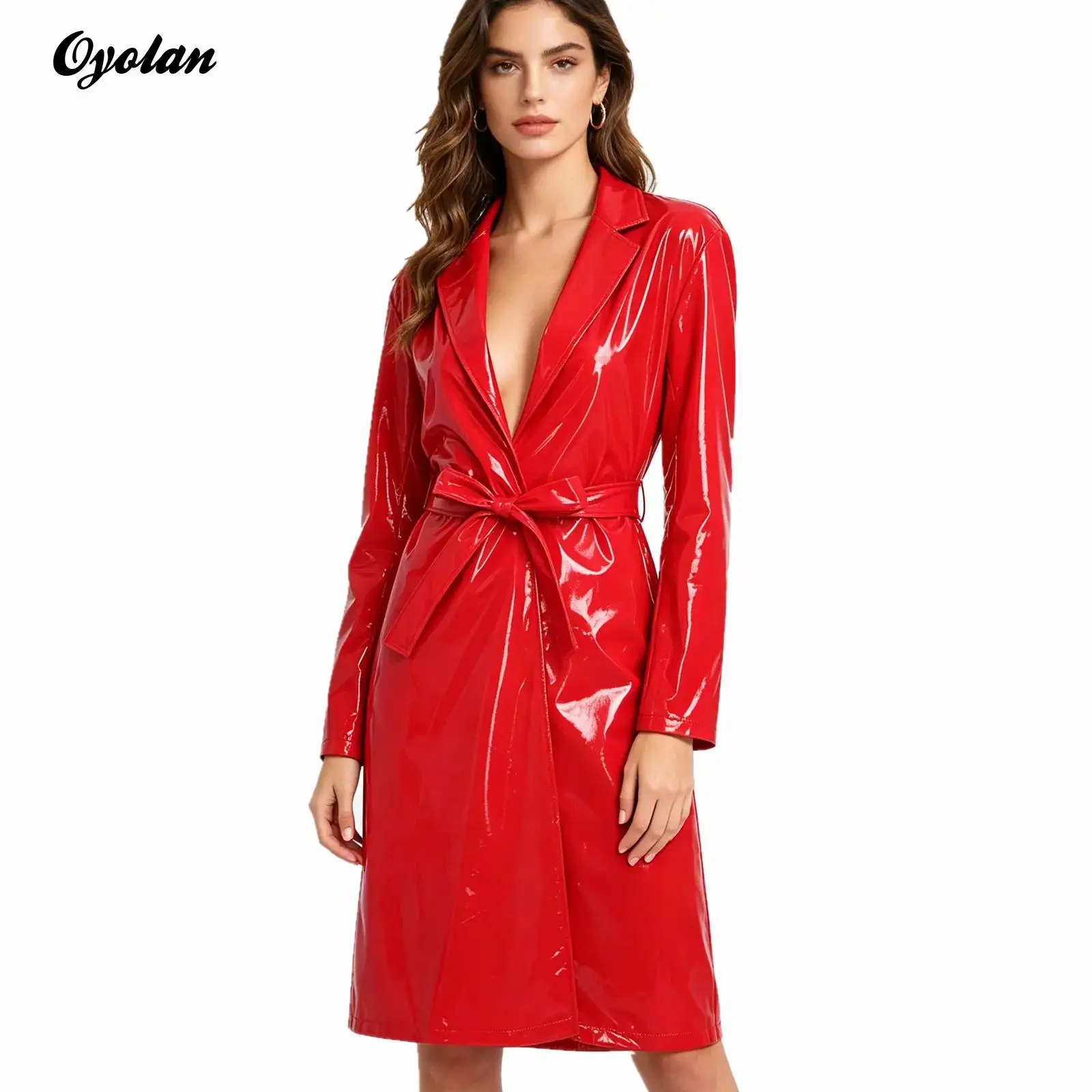 Gabardina larga para mujer para adultos, chaqueta para discoteca, solapa brillante, frente abierto, chaquetas largas de cuero PU con cinturón, abrigo, ropa de calle