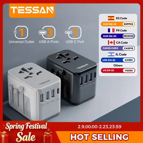 USB 포트 및 유형 C가 포함된 TESSAN 범용 여행용 어댑터, 전 세계 전원 어댑터 국제 여행용 EU/UK/USA/AUS 플러그