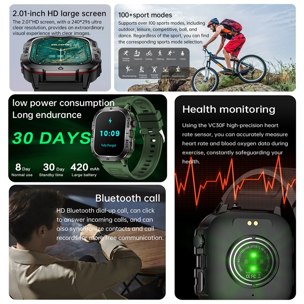 2024 New Sturdy Military Smartwatch Men Outdoor Watch 2.01Inch HD Screen AI Voice Bluetooth Call Smart Watch Men For Android IOS