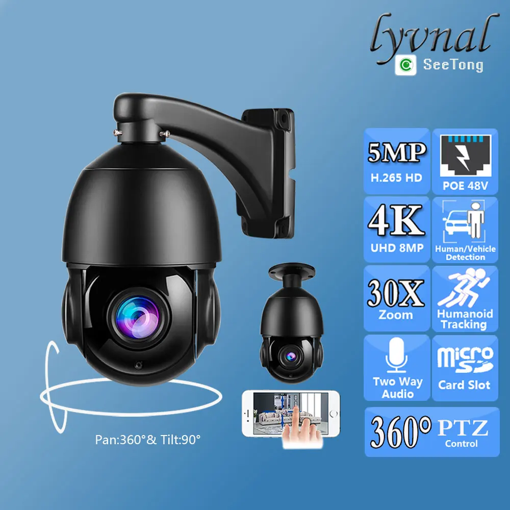 

So-ny415 4K 8MP IP-камера безопасности POE 360 ° PTZ-купол, 30-кратный автоматический зум, двустороннее аудио, автоматическое отслеживание, ИК-ночное видение 80 м