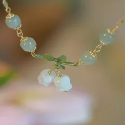 Elegant Tulip Lily of the Valley Flower Pendant Bracelet for Women Vintage Green Nature Stone Beaded Bracelet Wedding Jewelry