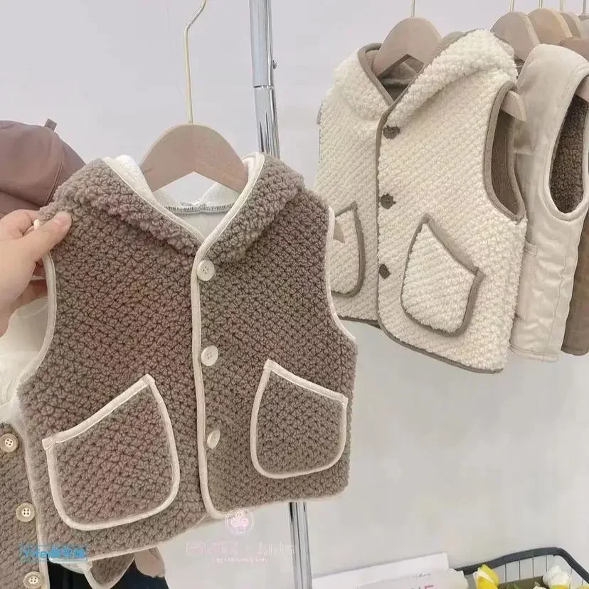 1-7 anni ragazza carino gilet per bambini autunno/inverno agnello in pile monopetto con cappuccio orecchie lunghe gilet caldo e freddo gilet