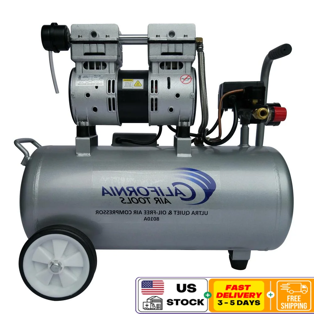 1.0 HP Ultra Quiet Oil-Free Air Compressor 8 Gallon Aluminum Tank Lightweight Portable Wheels 60 dBA Noise Level Long Lasting