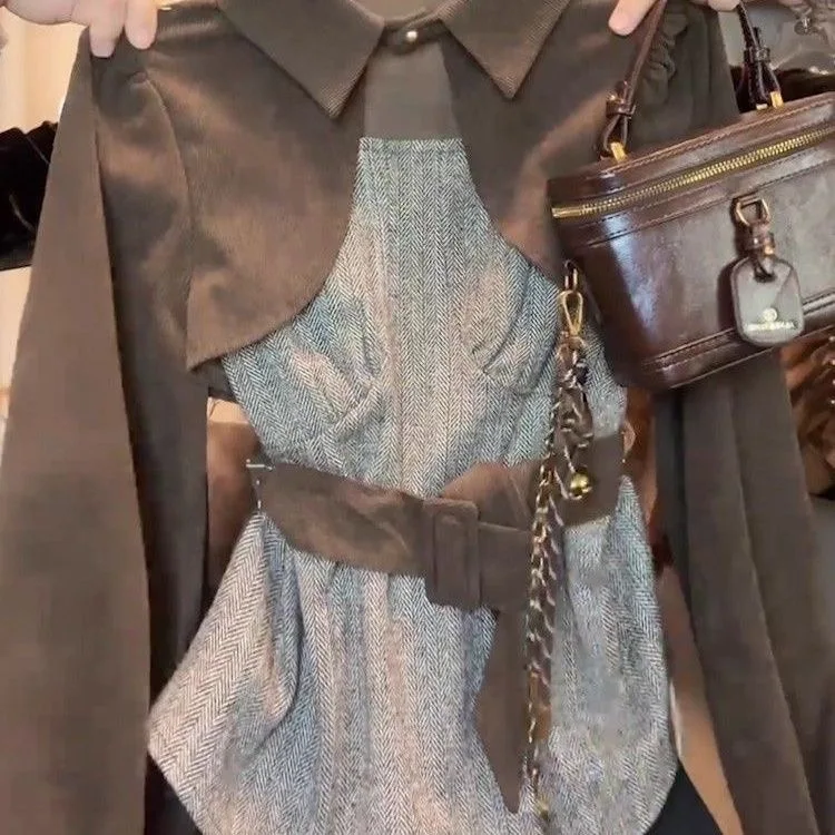 Retro Luxury Color Blo  Collar Long Sve Women's irt Button Splicing Design Comfortable Breathable Polyester Fabric