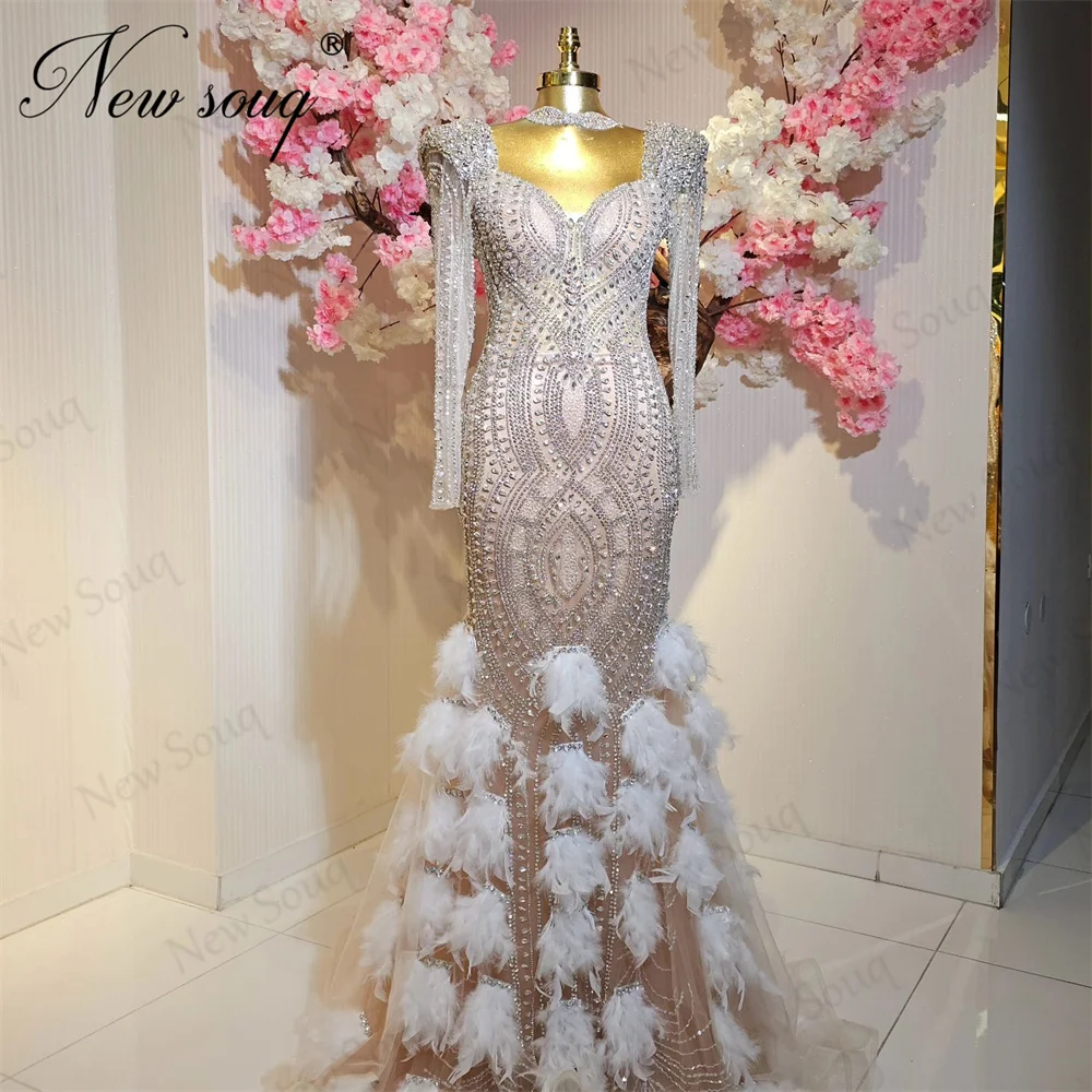 Full Beading Evening Dresses Crystals Feathers Long Sleeves Celebrity Dress Robes De Soiree Elegant Dubai Engagement Dress Party