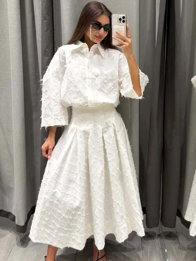 

HH Summer Elegant Tassel Set Long Sleeves Single-Breasted Lapel Shirts+High Waist A-Line Midi Skirt Women's Fashion Suit