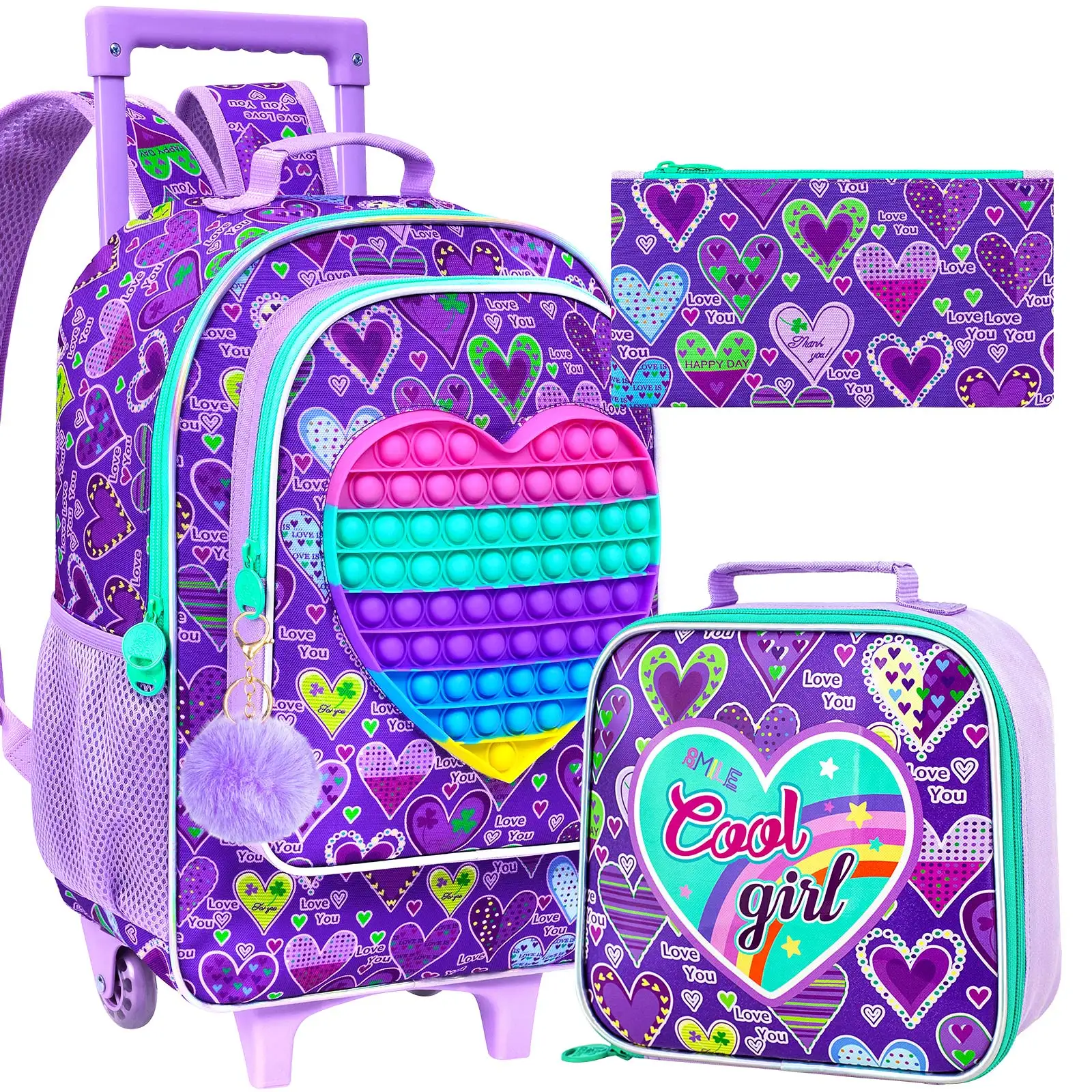 

3Pcs Kids Rolling Backpack for Girls, Love Roller Wheeled Bookbag Toddler Elementary School Bag with Wheels (Pink)