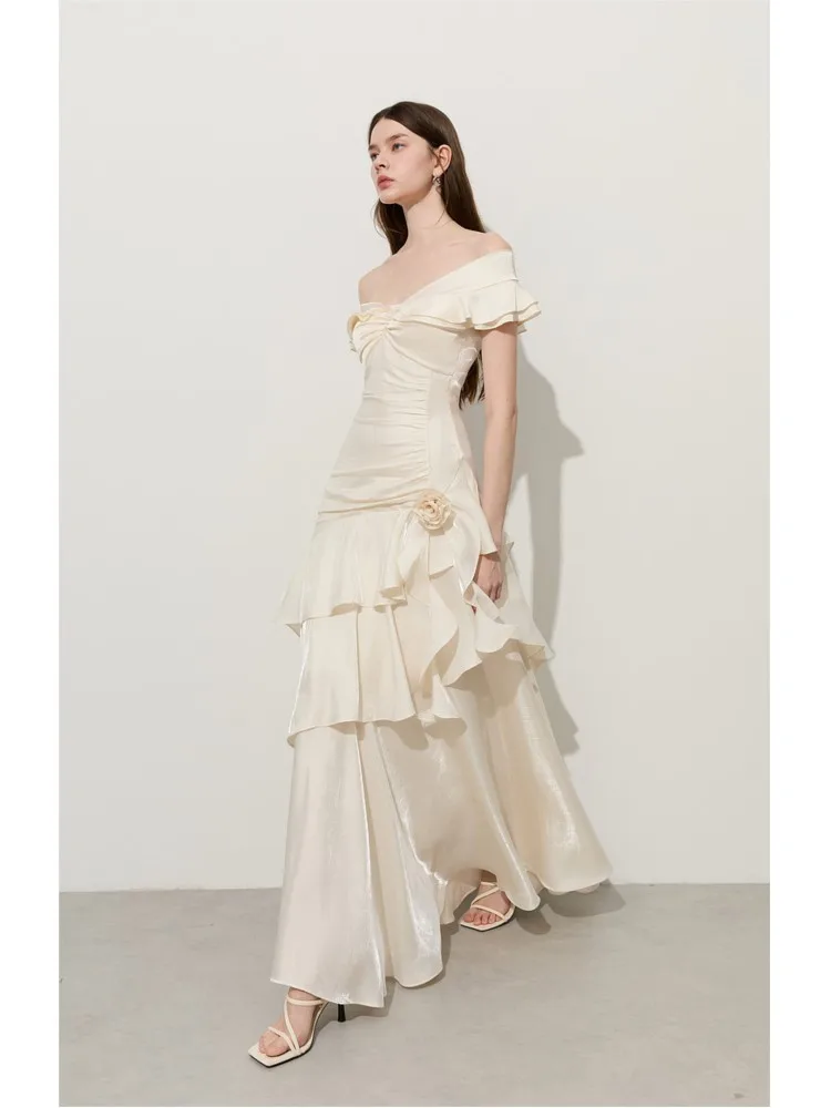 

A new fashionable white off-the-shoulder dress with ruffles