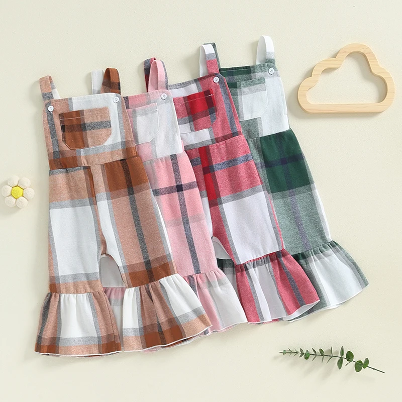 2024-06-12 Lioraitiin Little Girl Plaid Overalls Casual Square Neck Sleeveless Bell Bottom Jumpsuit for Fall