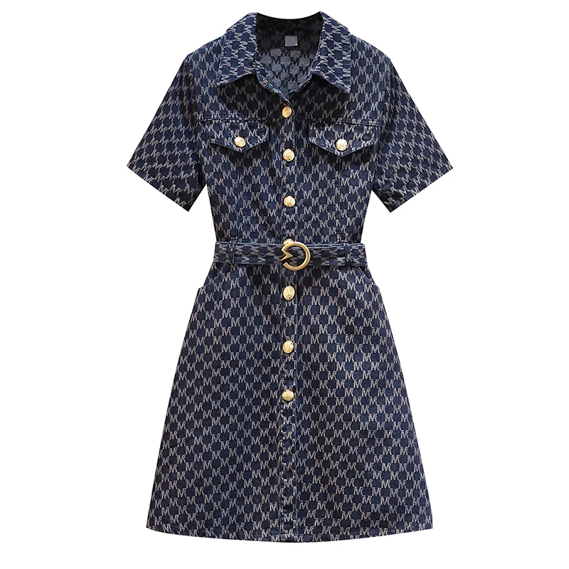 Rhombus Print Single-breasted DenimDress 2022 New Summer Short Sleeve Turn Down Collar Fashion Casual Knee Blue Dreses Robes