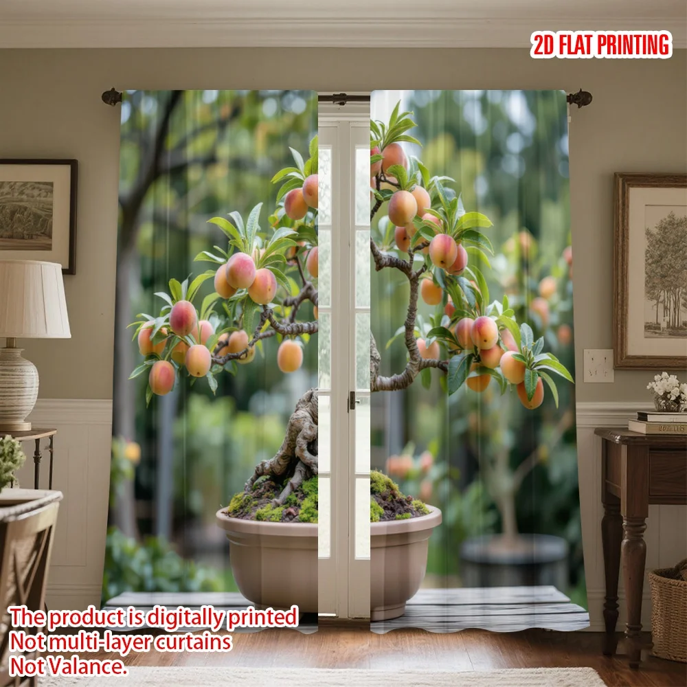 

2D flat printing 2pcs Scene Curtains Bonsai Peach Tree Digital Printed Polyester Drapes Birthday Party for Festive for Bedroom
