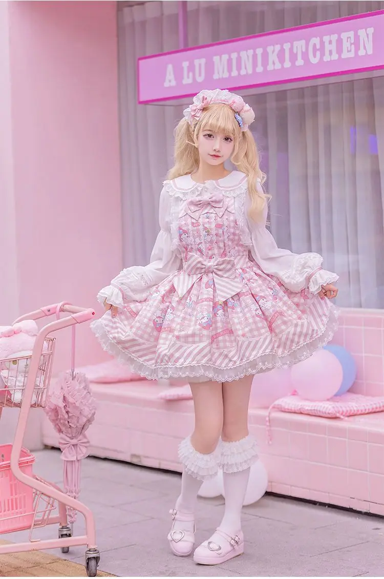 Imagem -05 - Lolita Doce Cartoon Imprimir Vestido de Princesa para Mulheres Bonito Bow Lace Party Strap Dresses Meninas Harajuku Kawaii Y2k Mini Vestido