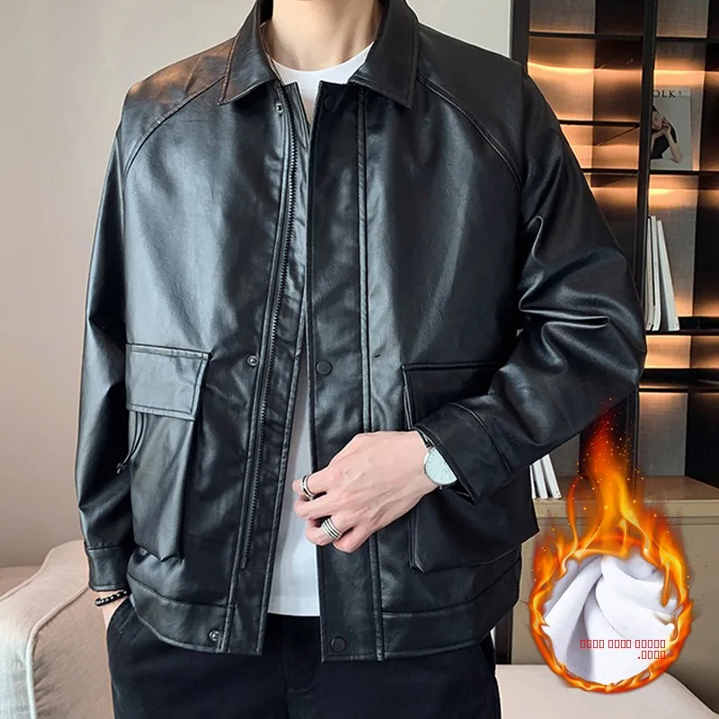 

Men's Faion Leather Jaet ort Thiened Fce Inner Sli Autumn Winter Motorbike Clothes Slim Fit Korean Version