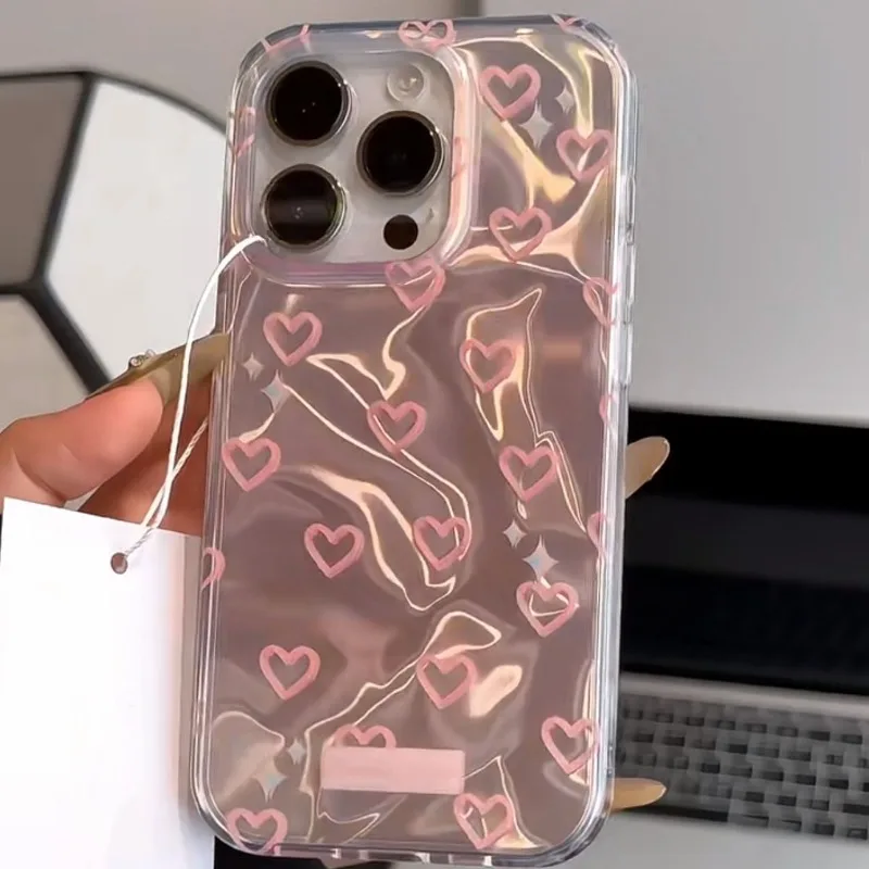 Luxury Pink Love Heart Case Compatible for IPhone 16 13 15 11 12 14 Pro Max 8 7 Plus XR XS X Max SE 2022 Pearly Bracelet Cover
