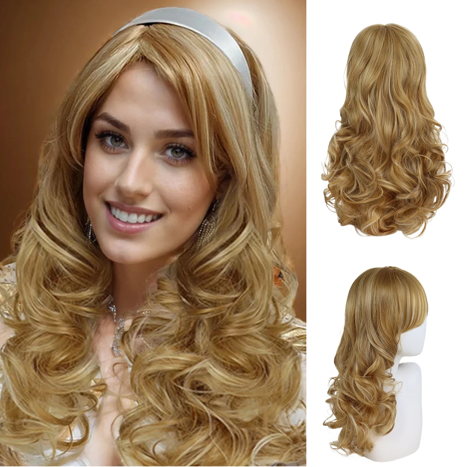 

Synthetic Hair Long Blonde Curly Wig with Bangs Farrah Fawcett Wigs Women Blond Highlights 80s Cosplay Halloween Costume