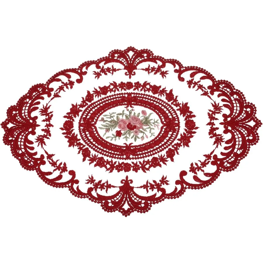 

Retro Lace Placemat 12x16-in Oval Embroidered Table Place Mats Freh Crochet Doilies Coasters Cup Mat for Home Wedding Dark Red