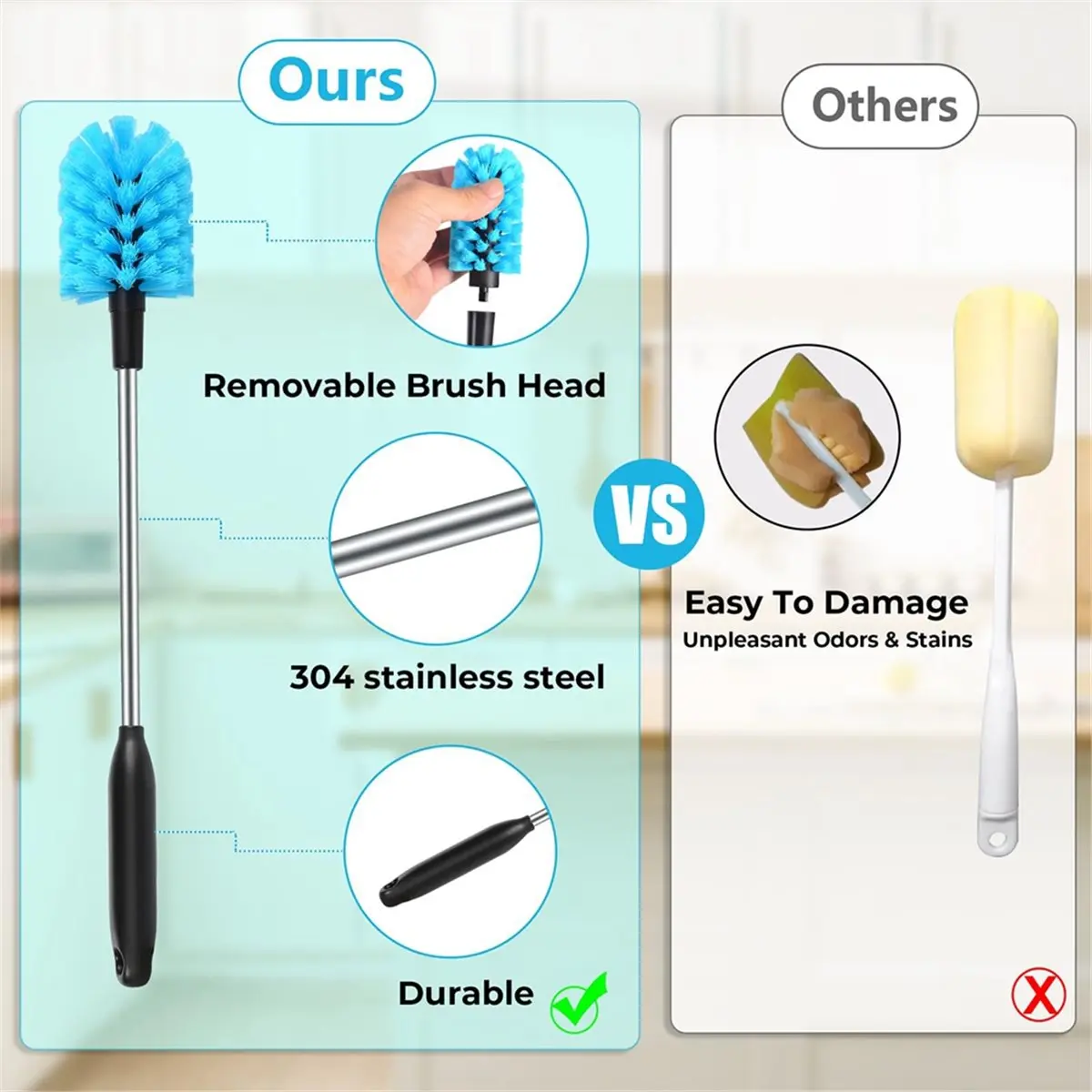 [Promotions]2-in-1 Stainless Steel Brush, Long Handled Water Bottle Brush Multi-Purpose Cleaning Tool Removable Brush Heads view 5