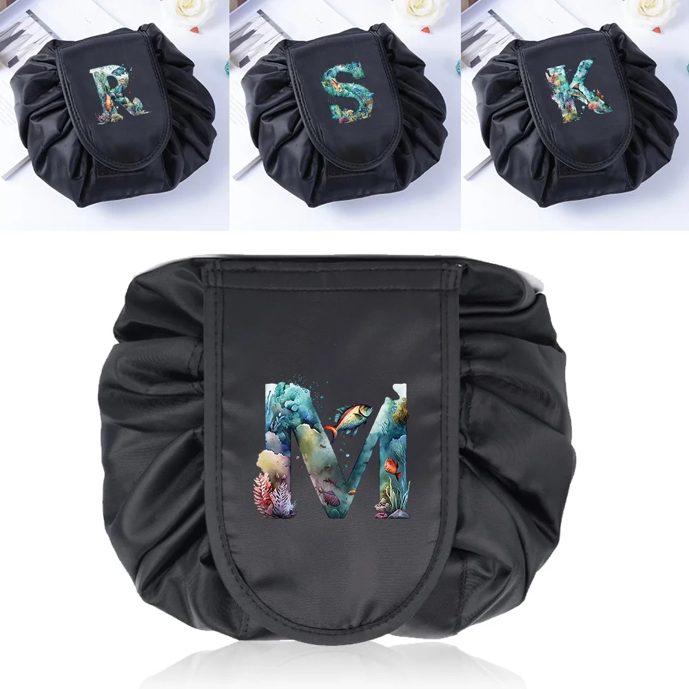 

Ленивая косметичка с принтом рыбы и буквами, черная портативная портативная женская сумка большой емкости на шнурке для хранения косметики