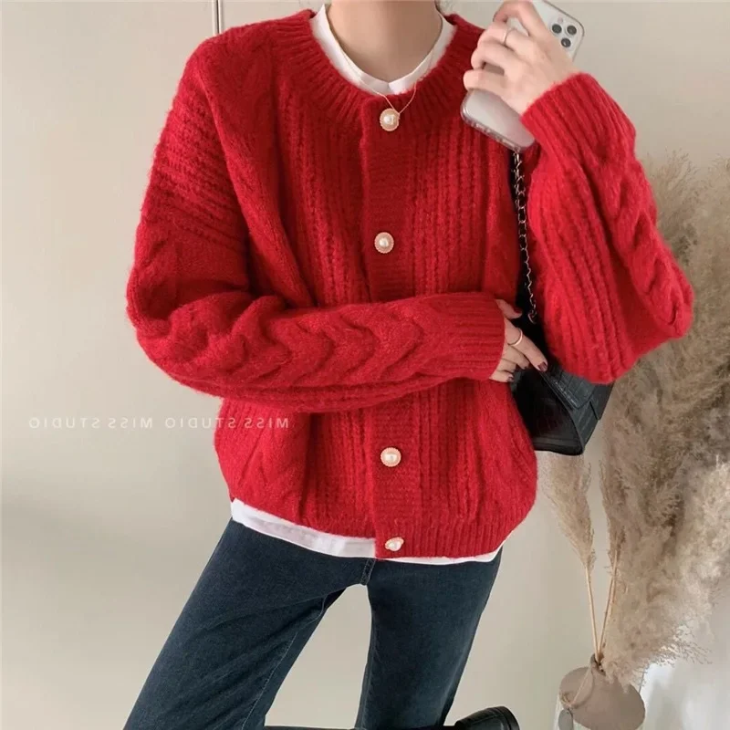 Słodki sweter damski New Single Breasted Loose Casual Knit Cardigans Autumn Winter O-Neck Solid Colors Sweater Chic Jumpers