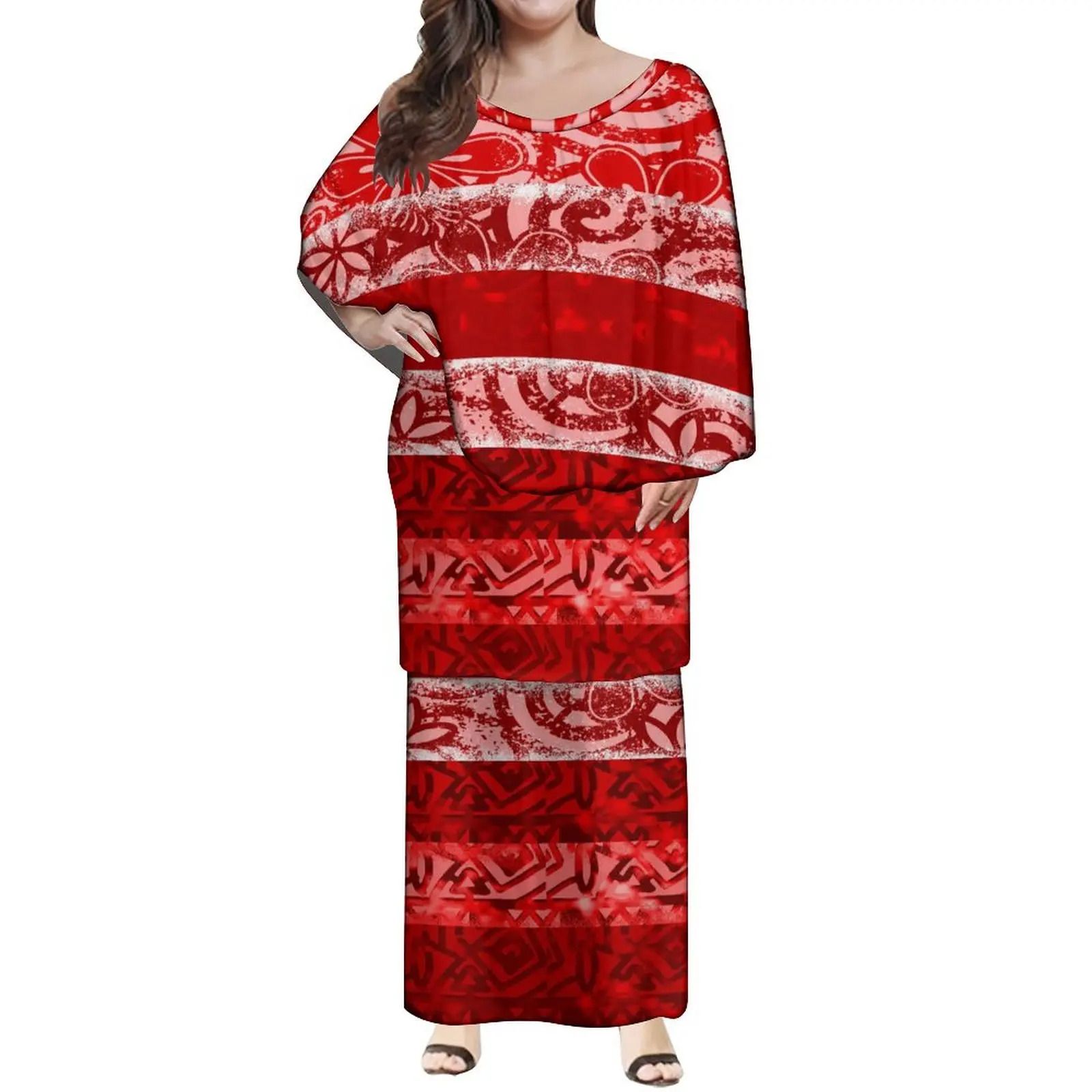 Polynesian Colorful Striped Print Puletasi Custom New Cape Sleeves Hawaiian Casual Fashion Dress Double Maxi Dress Island Dress