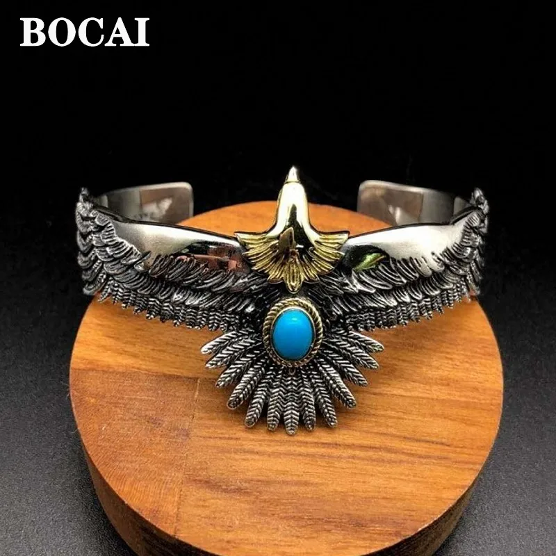 

BOCAI New Pure S925 Silver Jewelry Trendy Feather Eagle Logo Blue Stone Flying Eagle Retro Men Bracelet Valentine's Day Gift