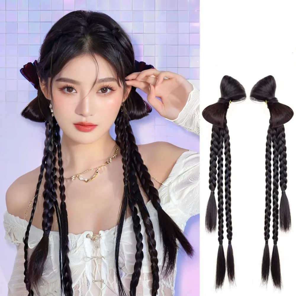 

2pcs Sweet Extensions Wig ponytail Brown Black Bow Braid Ponytail Long Double Braid Spicy Girl