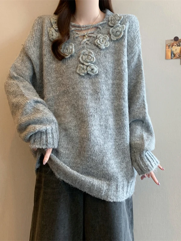 여성용 루즈 니트 스웨터 플로럴 디자인 가을 겨울 패션 플러스 사이즈 슬림핏 탑 캐주얼 스타일 라운드 넥 긴팔