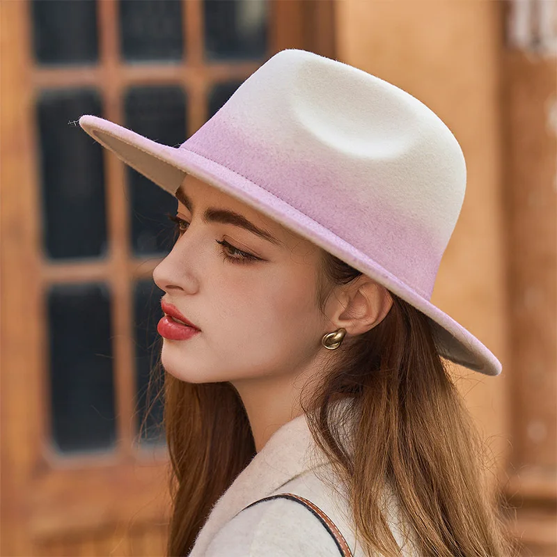 Fashionable Women Autumn Winter Personality Fedora Hat with Gradient Color and Wide Brim - New British Style