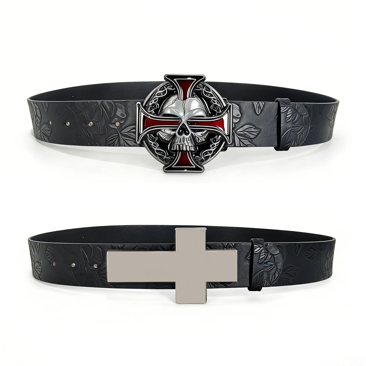 Unisex Punk Leather Belt For Men and Women Waist Strap Vintage Gothic Waist Belt Cross Skull Designer Waistband for Jeans Pants