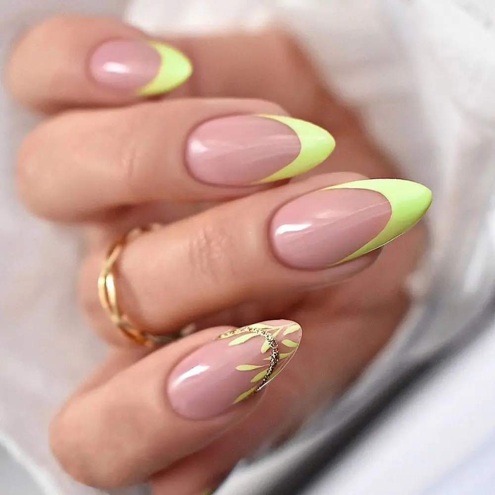 DIY Long Almond False Nails Leaf Butterfly Blue Gradient Fake Nials French Detachable Press on Nails at Home