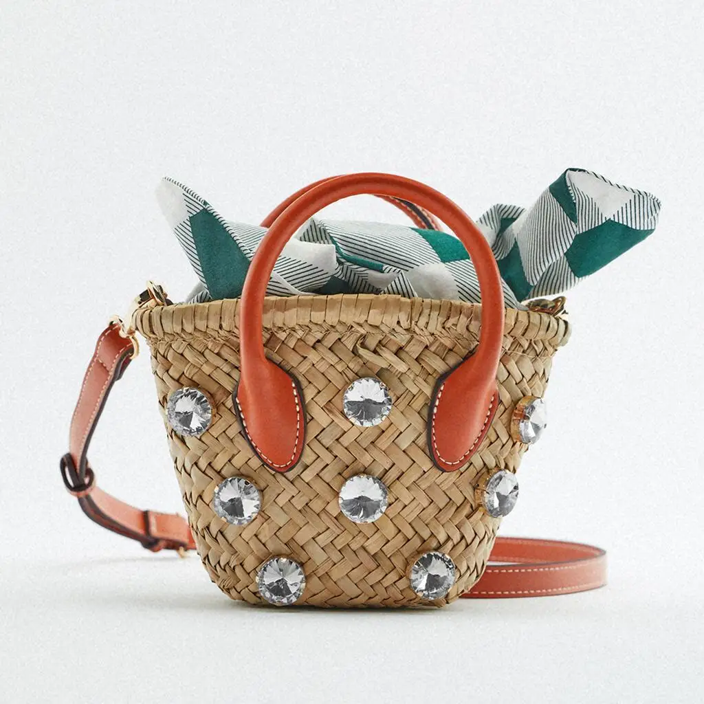 Summer New Women\'s Holiday Diamond Beach Bag Orange Mini Woven Basket Girls Grass Woven Handbag Crossbody Bag Female