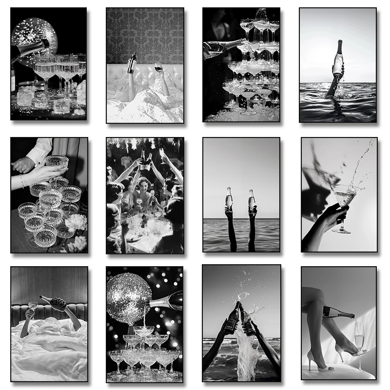 Woman Drinking Wine in Bed Poster Print, Black and White,Champagne Flutes & Disco Ball Canvas Painting Print Wall Art Room De