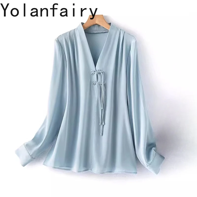 

YOLANFAIRY 93% натуральные шелковые блузки из тутового шелкопряда для женщин, элегантные рубашки с длинным рукавом, модные женские топы с V-образным вырезом, женские рубашки и блузки