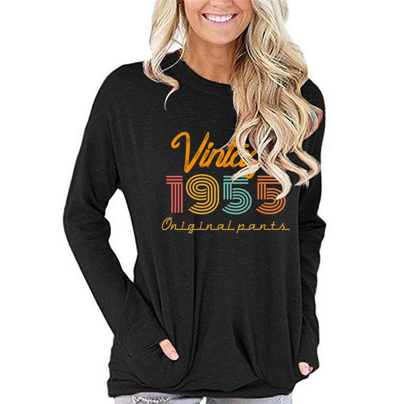 Woman T-shirts Vintage 1955 Classic Graphic Retro Birthday Gift Born 1955 Vintage Long Sleeves 69 Years Old Long-sleeved T-shirt