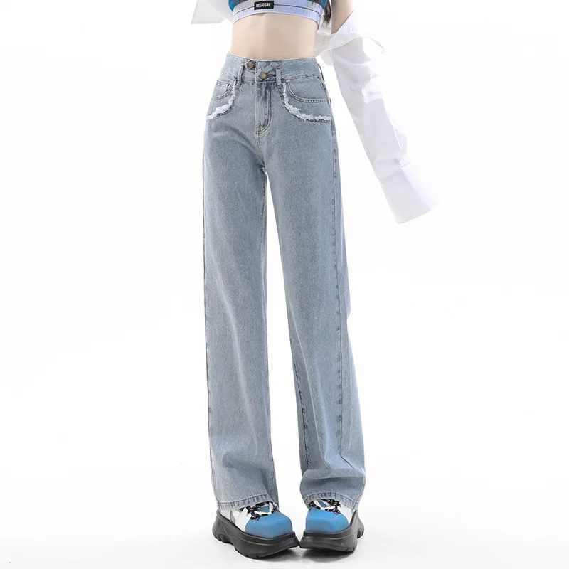 High Street Trend Personality Loose Wide Leg Jeans Women\'s Solid Pockets Button Zipper Tassel Spring High Waist Straight Pants