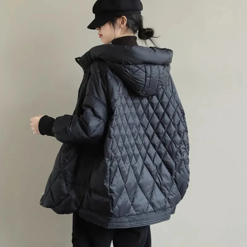 Women Down Coat Solid Jacket Shell Hooded Zipper Pocket Diamond Quilting Long Sleeve Longline Thick Loose Fit Casual 2025 Winter