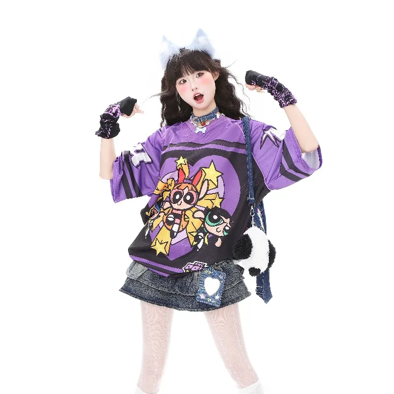 Miniso American Street Sweet Cool Cartoon Purple Printed V-neck Baseball Shirt T-shirt Top Summer New Quick Dry