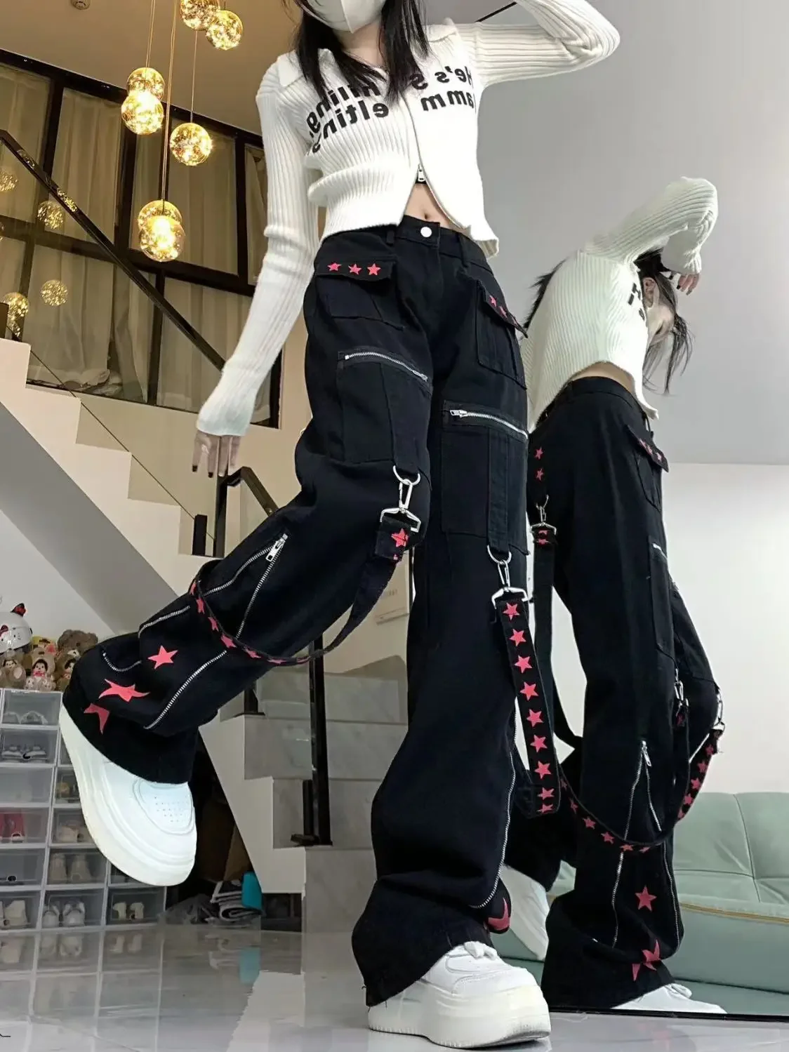 

Vintage Streetwear Star Print Jeans Women Y2K American Street Retro Straight Zipper Pants Summer Harajuku Loose Trousers