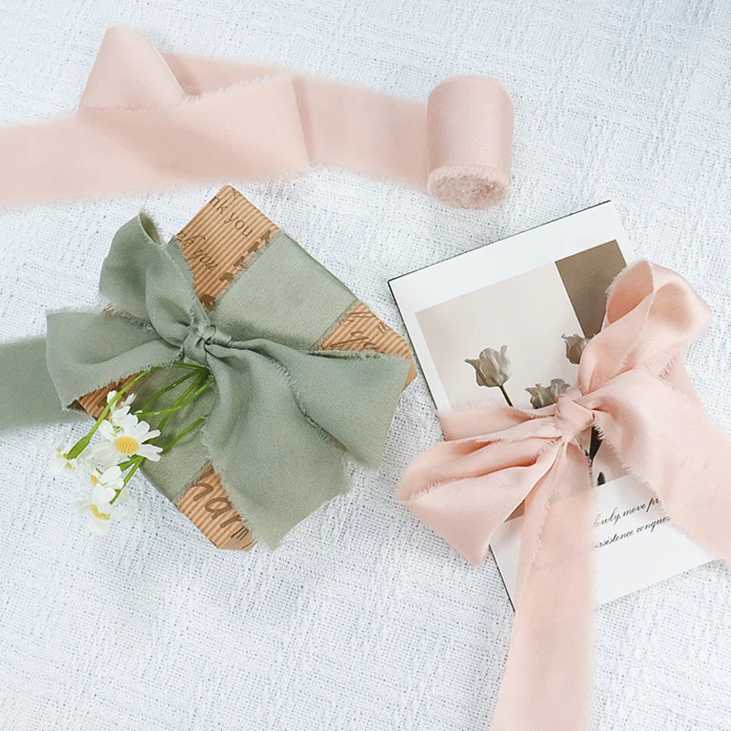 Cotton Ribbon Soft Frayed Edged Ribbon Wholesale Ins Style Wedding Silk Ribbon Green Flower Bouquet Wrap Decoration Frayed 2024