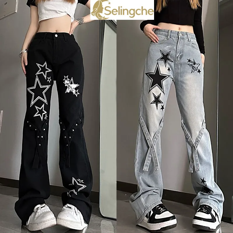 Pantalones vaqueros de estrella para mujer, pantalón de cintura alta, adelgazante, suelto, ligeramente acampanado, pierna ancha, informal, reductor de edad