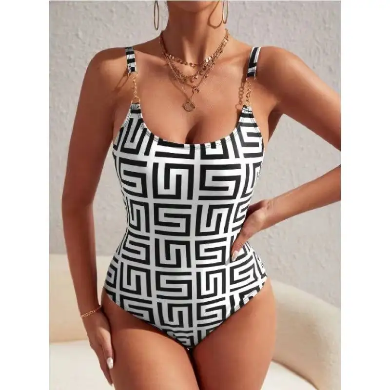 Cikini 2023 New Allover Print Chain Detail One Piece Swimsuit Sexy Beachwear Summer Beach Swimwear Bathing Suit For Women