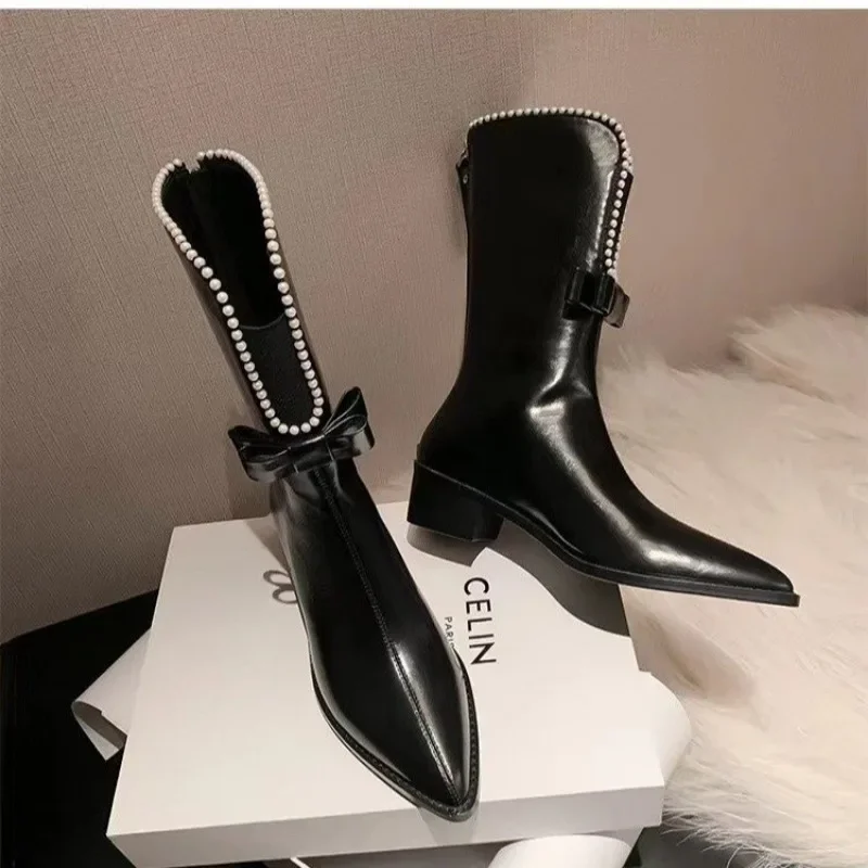 Pointed Thick Heel Short Boots for Women 2023 Autumn New French Vintage Mid Length Boots Pearl Bow Slim Chelsea Boots