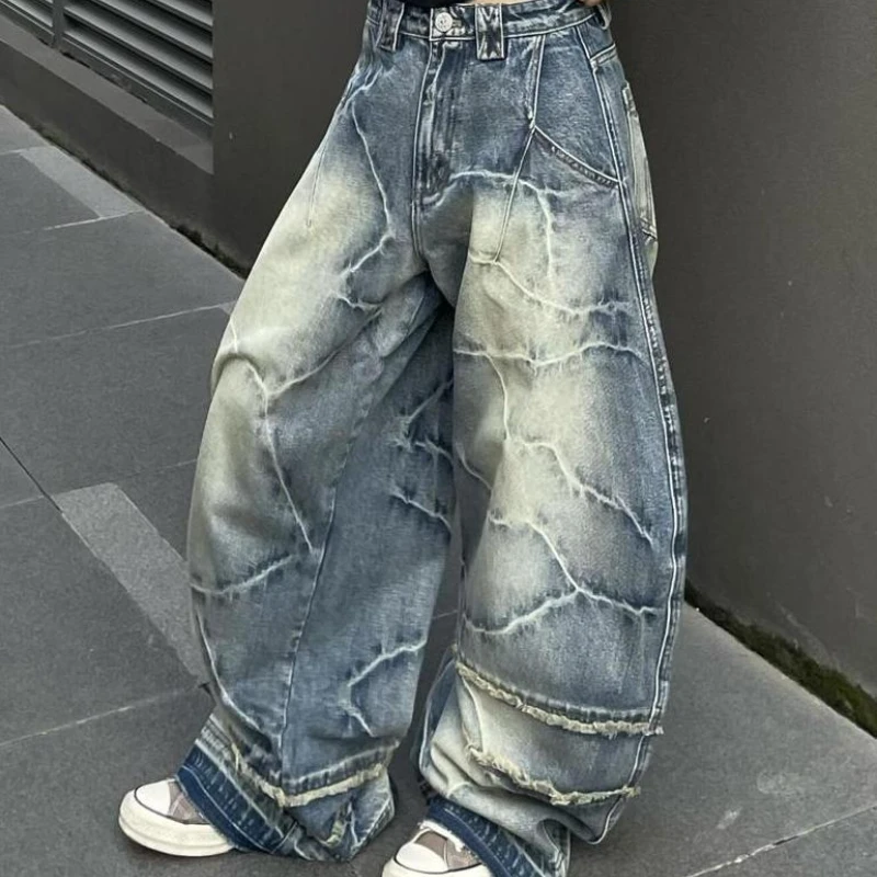 

Y2K American Chic Lightning Textured Bristled Wide-leg Loose Jeans Women Gothic Retro Street Casual Jeans Couple Trousers Unisex