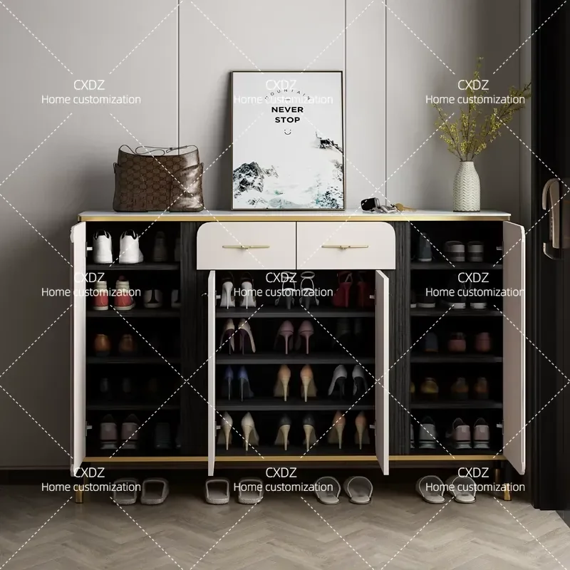 Modern Solid Wood and Rock Slab Shoe Cabinet Simple Entryway Foyer Storage Unit for Home Organization 2026 New Design