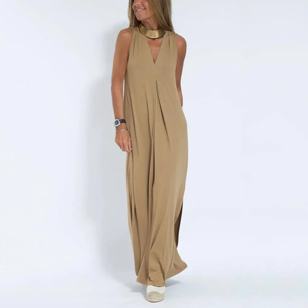 

V-neck Dress Stylish Women's Maxi Dress A-line Loose Fit V Neck Ankle Length Cardigan Coat Elegant Split Design Women Solid