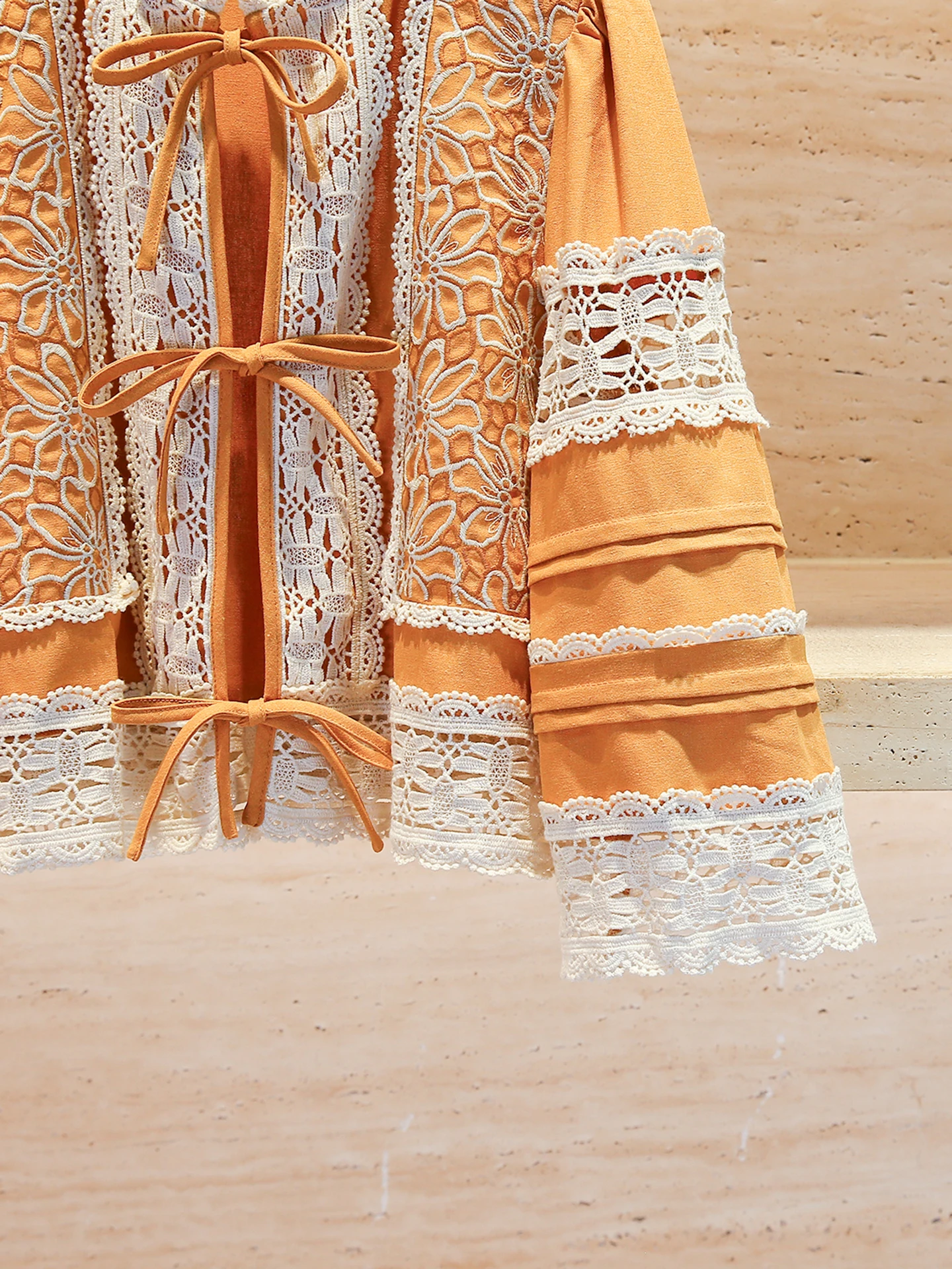 High-End Women's Lace Hollow out Belted irt Autumn Winter New Design Commute Sle Loose Fit Long Sve round Ne Top