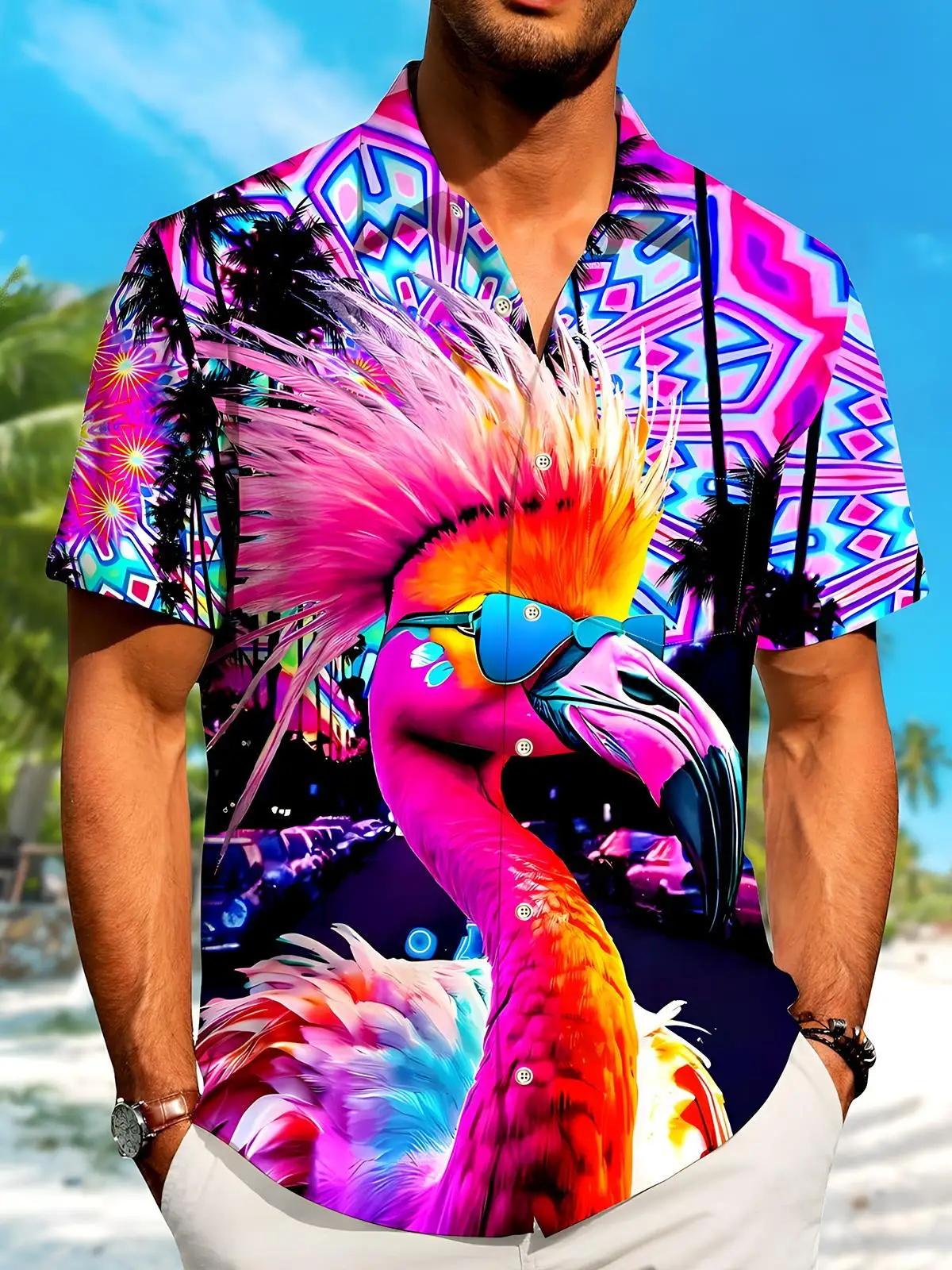New Hawaii Spring/Summer Fashion Leisure Street Walk Tourist Beach Printed Full Open Short Sleeve Button Shirt, Quick Shipping