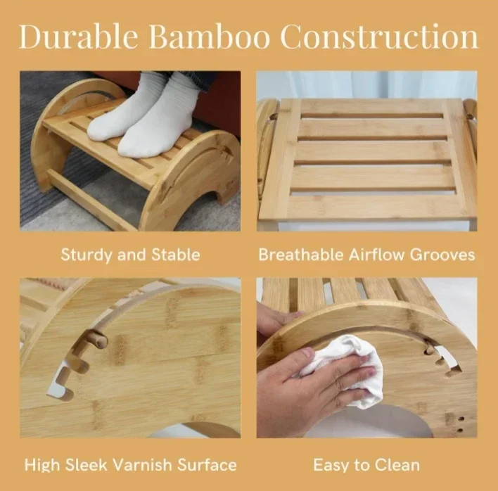 Adjustable Under Desk Foot Rest, Bamboo Leg Rest, Step Stool for Kitchen and Bathroom