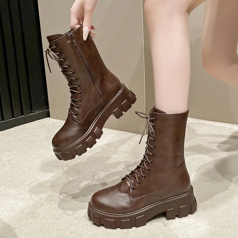 جديد منتصف العجل أحذية النساء الخريف الشتاء أزياء من الدانتل متابعة السيدات تشيلسي سستة بوتاس موهير الأحذية الرياضية منصة كعب أحذية السيدات #2